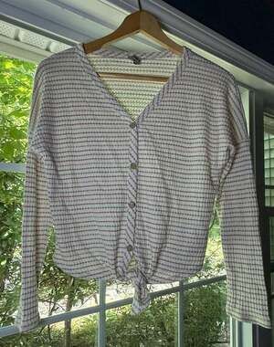Paper Crane Women's Waffle Knit Long Sleeve Button-Down Tie-Front Cardigan Top